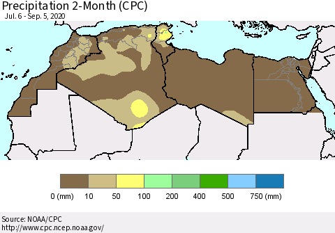 North Africa Precipitation 2-Month (CPC) Thematic Map For 7/6/2020 - 9/5/2020
