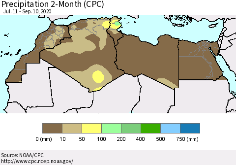 North Africa Precipitation 2-Month (CPC) Thematic Map For 7/11/2020 - 9/10/2020