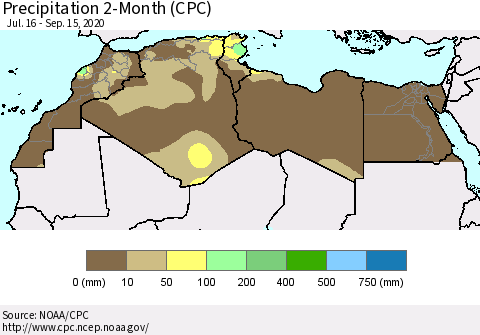 North Africa Precipitation 2-Month (CPC) Thematic Map For 7/16/2020 - 9/15/2020