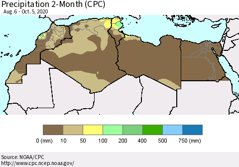 North Africa Precipitation 2-Month (CPC) Thematic Map For 8/6/2020 - 10/5/2020
