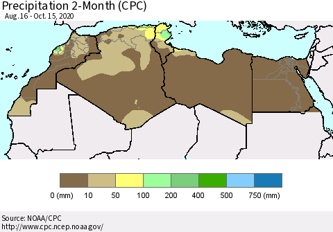 North Africa Precipitation 2-Month (CPC) Thematic Map For 8/16/2020 - 10/15/2020