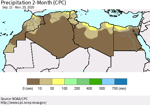 North Africa Precipitation 2-Month (CPC) Thematic Map For 9/21/2020 - 11/20/2020
