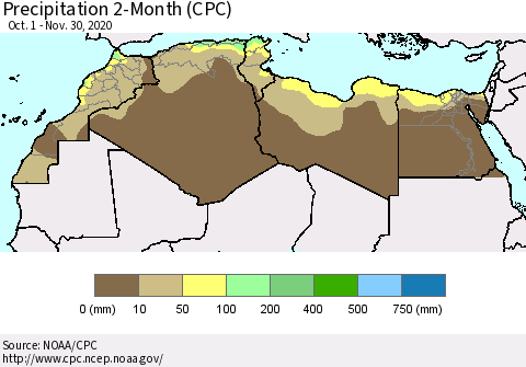 North Africa Precipitation 2-Month (CPC) Thematic Map For 10/1/2020 - 11/30/2020