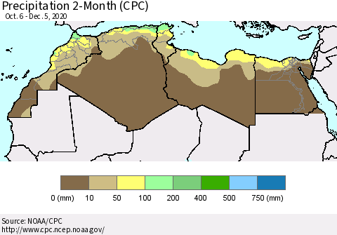 North Africa Precipitation 2-Month (CPC) Thematic Map For 10/6/2020 - 12/5/2020