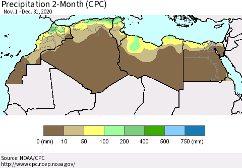 North Africa Precipitation 2-Month (CPC) Thematic Map For 11/1/2020 - 12/31/2020