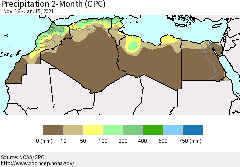 North Africa Precipitation 2-Month (CPC) Thematic Map For 11/16/2020 - 1/15/2021
