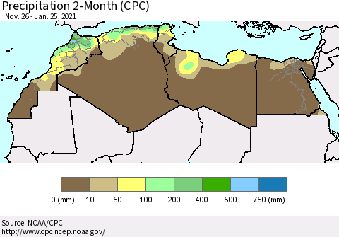 North Africa Precipitation 2-Month (CPC) Thematic Map For 11/26/2020 - 1/25/2021