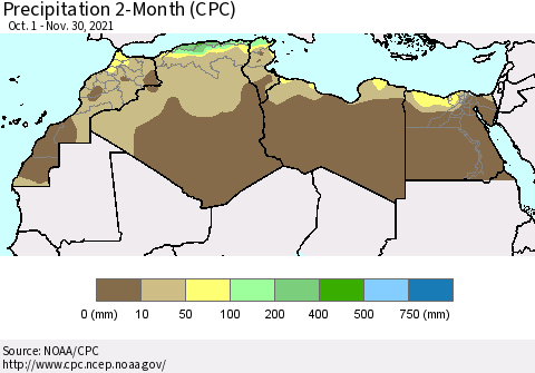 North Africa Precipitation 2-Month (CPC) Thematic Map For 10/1/2021 - 11/30/2021