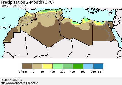 North Africa Precipitation 2-Month (CPC) Thematic Map For 10/21/2021 - 12/20/2021