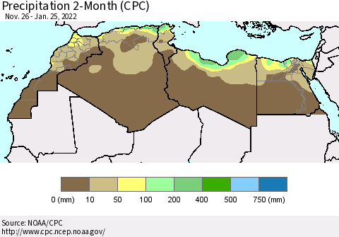 North Africa Precipitation 2-Month (CPC) Thematic Map For 11/26/2021 - 1/25/2022
