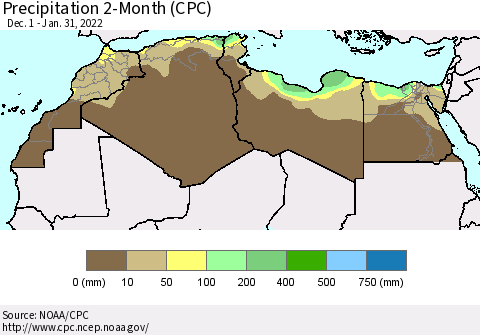 North Africa Precipitation 2-Month (CPC) Thematic Map For 12/1/2021 - 1/31/2022