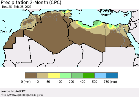 North Africa Precipitation 2-Month (CPC) Thematic Map For 12/26/2021 - 2/25/2022