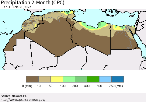 North Africa Precipitation 2-Month (CPC) Thematic Map For 1/1/2022 - 2/28/2022