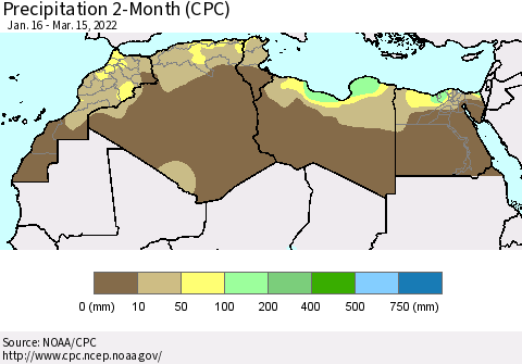 North Africa Precipitation 2-Month (CPC) Thematic Map For 1/16/2022 - 3/15/2022
