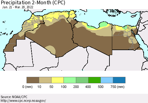 North Africa Precipitation 2-Month (CPC) Thematic Map For 1/21/2022 - 3/20/2022