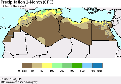 North Africa Precipitation 2-Month (CPC) Thematic Map For 2/1/2022 - 3/31/2022