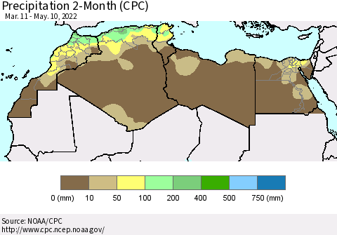 North Africa Precipitation 2-Month (CPC) Thematic Map For 3/11/2022 - 5/10/2022