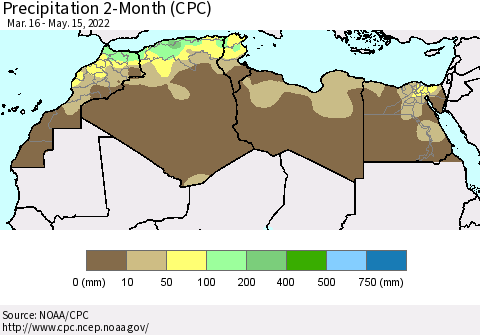 North Africa Precipitation 2-Month (CPC) Thematic Map For 3/16/2022 - 5/15/2022