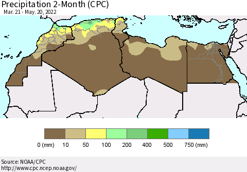 North Africa Precipitation 2-Month (CPC) Thematic Map For 3/21/2022 - 5/20/2022