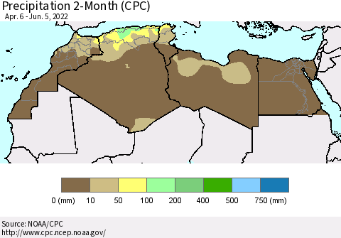 North Africa Precipitation 2-Month (CPC) Thematic Map For 4/6/2022 - 6/5/2022