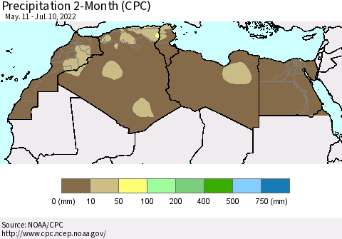 North Africa Precipitation 2-Month (CPC) Thematic Map For 5/11/2022 - 7/10/2022