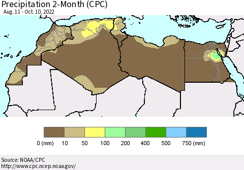 North Africa Precipitation 2-Month (CPC) Thematic Map For 8/11/2022 - 10/10/2022
