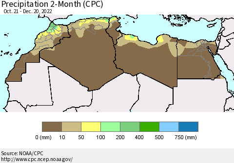 North Africa Precipitation 2-Month (CPC) Thematic Map For 10/21/2022 - 12/20/2022