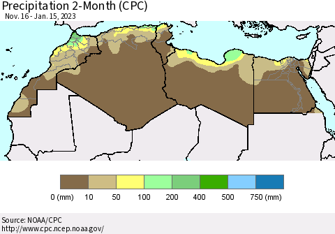North Africa Precipitation 2-Month (CPC) Thematic Map For 11/16/2022 - 1/15/2023