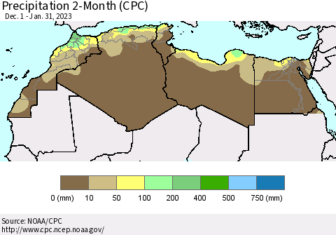 North Africa Precipitation 2-Month (CPC) Thematic Map For 12/1/2022 - 1/31/2023