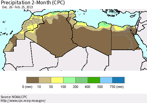 North Africa Precipitation 2-Month (CPC) Thematic Map For 12/26/2022 - 2/25/2023