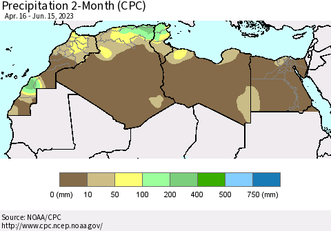 North Africa Precipitation 2-Month (CPC) Thematic Map For 4/16/2023 - 6/15/2023