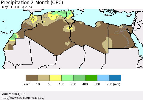 North Africa Precipitation 2-Month (CPC) Thematic Map For 5/11/2023 - 7/10/2023