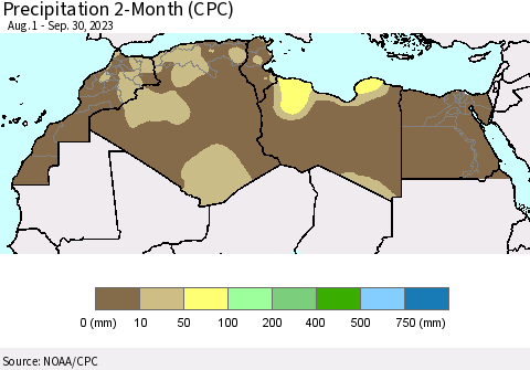 North Africa Precipitation 2-Month (CPC) Thematic Map For 8/1/2023 - 9/30/2023
