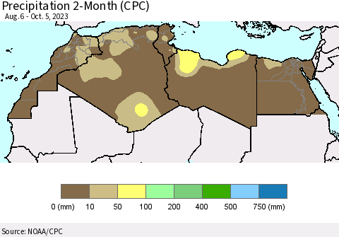 North Africa Precipitation 2-Month (CPC) Thematic Map For 8/6/2023 - 10/5/2023