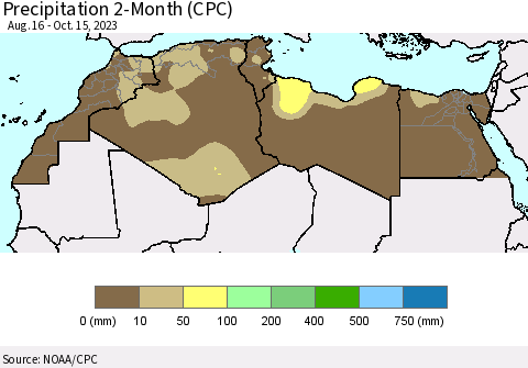 North Africa Precipitation 2-Month (CPC) Thematic Map For 8/16/2023 - 10/15/2023