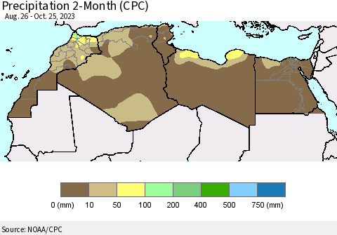 North Africa Precipitation 2-Month (CPC) Thematic Map For 8/26/2023 - 10/25/2023