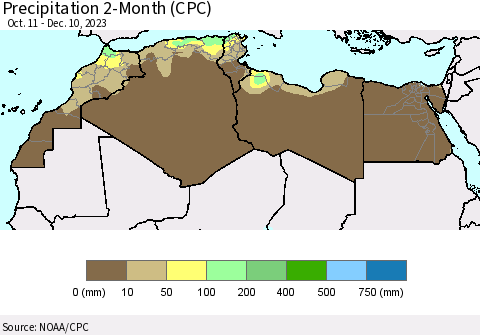North Africa Precipitation 2-Month (CPC) Thematic Map For 10/11/2023 - 12/10/2023