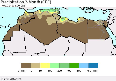 North Africa Precipitation 2-Month (CPC) Thematic Map For 11/11/2023 - 1/10/2024