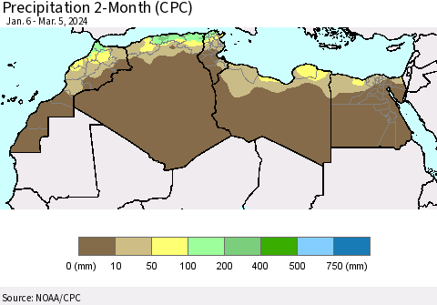 North Africa Precipitation 2-Month (CPC) Thematic Map For 1/6/2024 - 3/5/2024