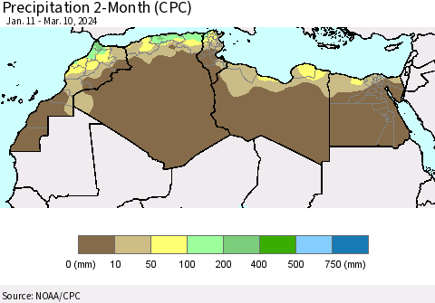 North Africa Precipitation 2-Month (CPC) Thematic Map For 1/11/2024 - 3/10/2024