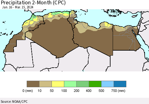North Africa Precipitation 2-Month (CPC) Thematic Map For 1/16/2024 - 3/15/2024