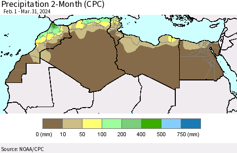 North Africa Precipitation 2-Month (CPC) Thematic Map For 2/1/2024 - 3/31/2024