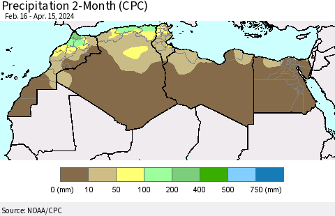 North Africa Precipitation 2-Month (CPC) Thematic Map For 2/16/2024 - 4/15/2024