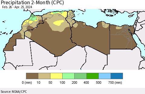 North Africa Precipitation 2-Month (CPC) Thematic Map For 2/26/2024 - 4/25/2024