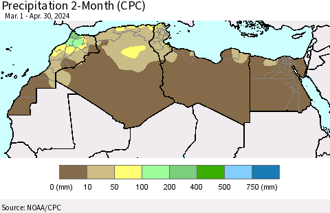 North Africa Precipitation 2-Month (CPC) Thematic Map For 3/1/2024 - 4/30/2024