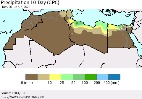 North Africa Precipitation 10-Day (CPC) Thematic Map For 12/26/2019 - 1/5/2020