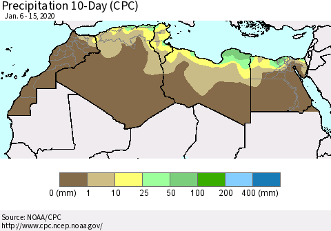 North Africa Precipitation 10-Day (CPC) Thematic Map For 1/6/2020 - 1/15/2020