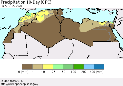 North Africa Precipitation 10-Day (CPC) Thematic Map For 1/16/2020 - 1/25/2020