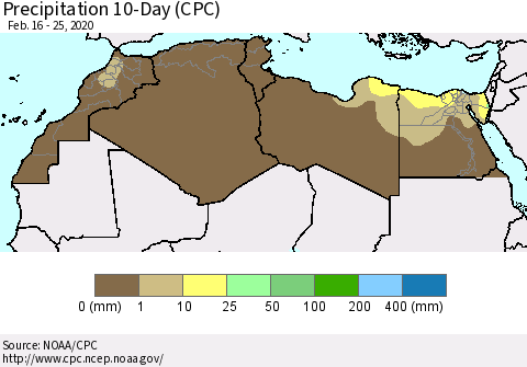 North Africa Precipitation 10-Day (CPC) Thematic Map For 2/16/2020 - 2/25/2020