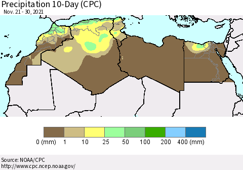 North Africa Precipitation 10-Day (CPC) Thematic Map For 11/21/2021 - 11/30/2021